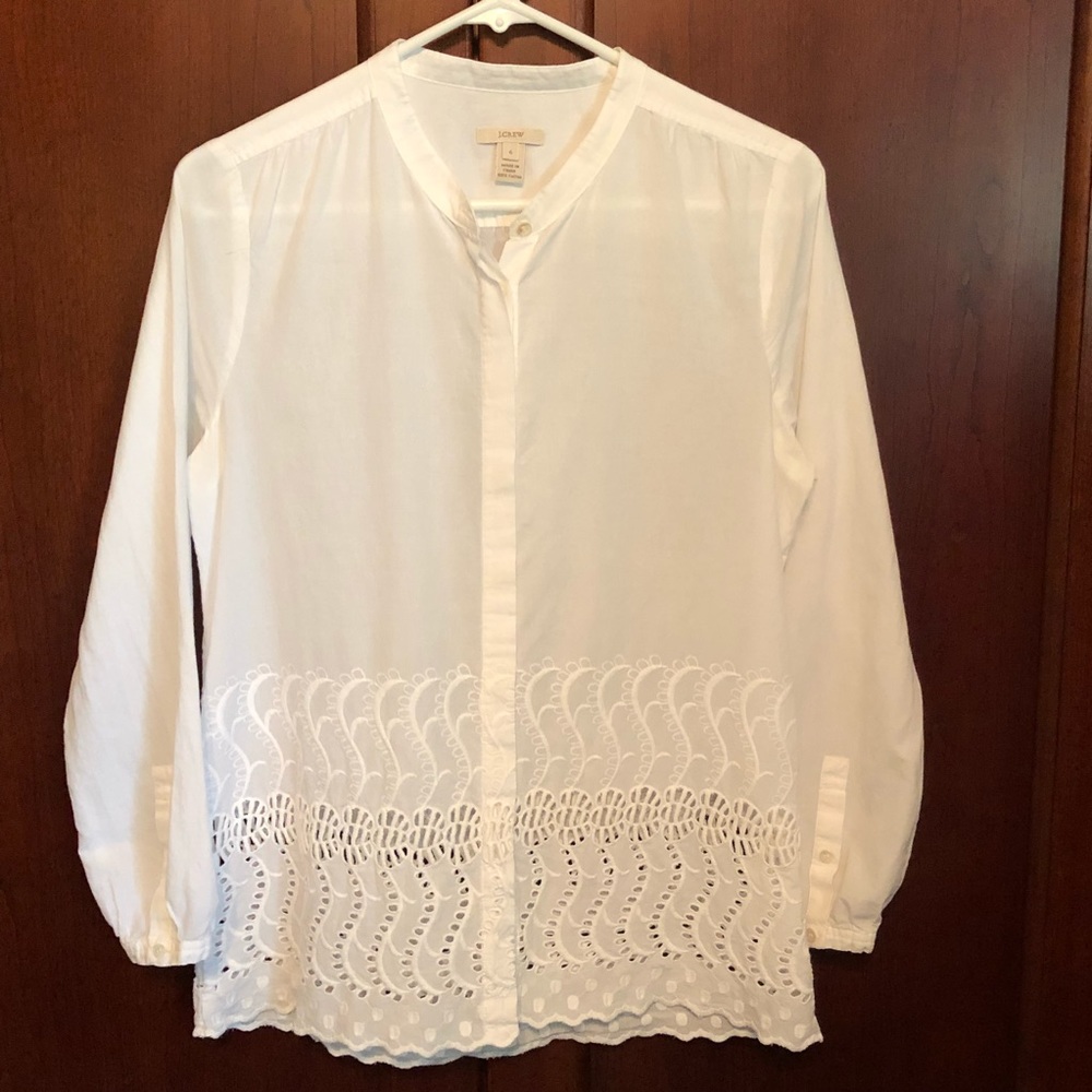 J. Crew Delaney White Eyelet-trim Shirt Top